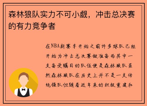 森林狼队实力不可小觑，冲击总决赛的有力竞争者